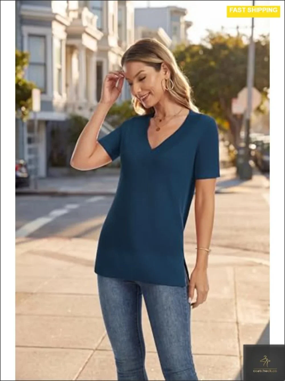 Women's V Neck Side Slit Knit Pullover Sweater Long Sleeve Lightweight